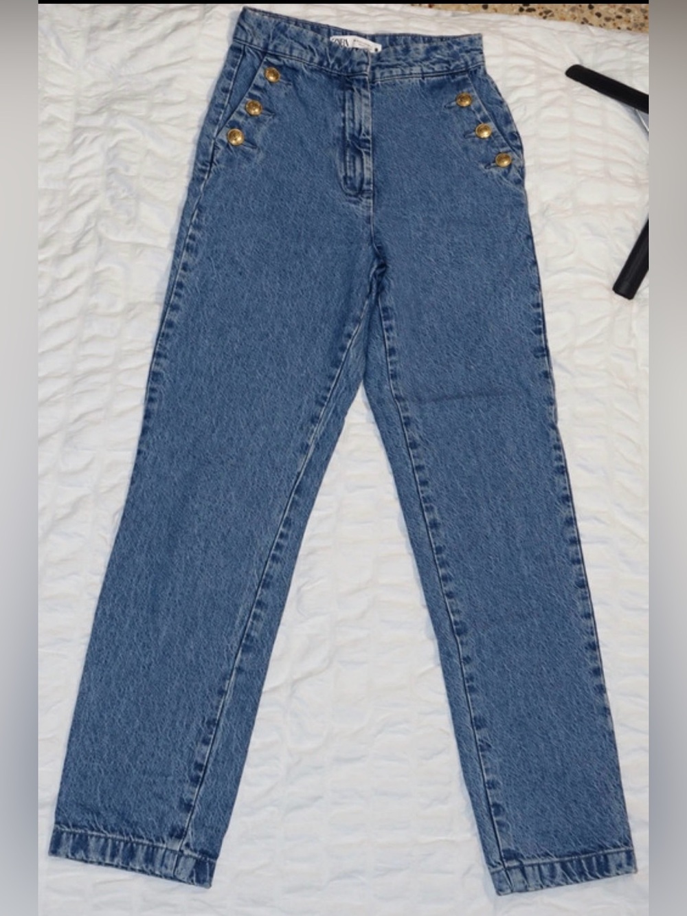 ZARA High Waisted Blue Jeans with Gold Buttons
